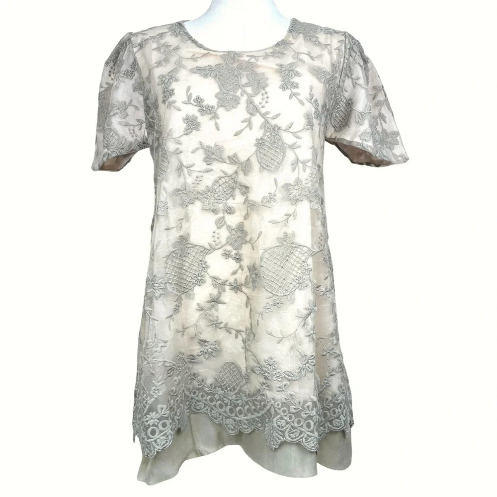 NWT Womens Mini Dress Sz S Babydoll Coquette Puff Sleeves Lace Shift Feminine